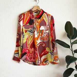 Marciano by Guess Essence Silk Button Up Small Shirt Y2K Psychedelic Colorful